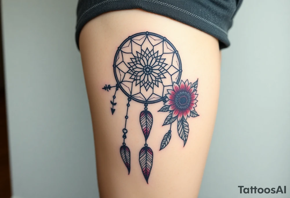 Dreamcatcher with zodiac symbols and protection runes caught in it with tigerlillies roses and sunflowers tattoo idea