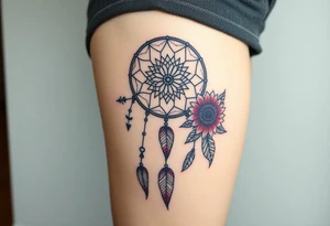 Dreamcatcher with zodiac symbols and protection runes caught in it with tigerlillies roses and sunflowers tattoo idea