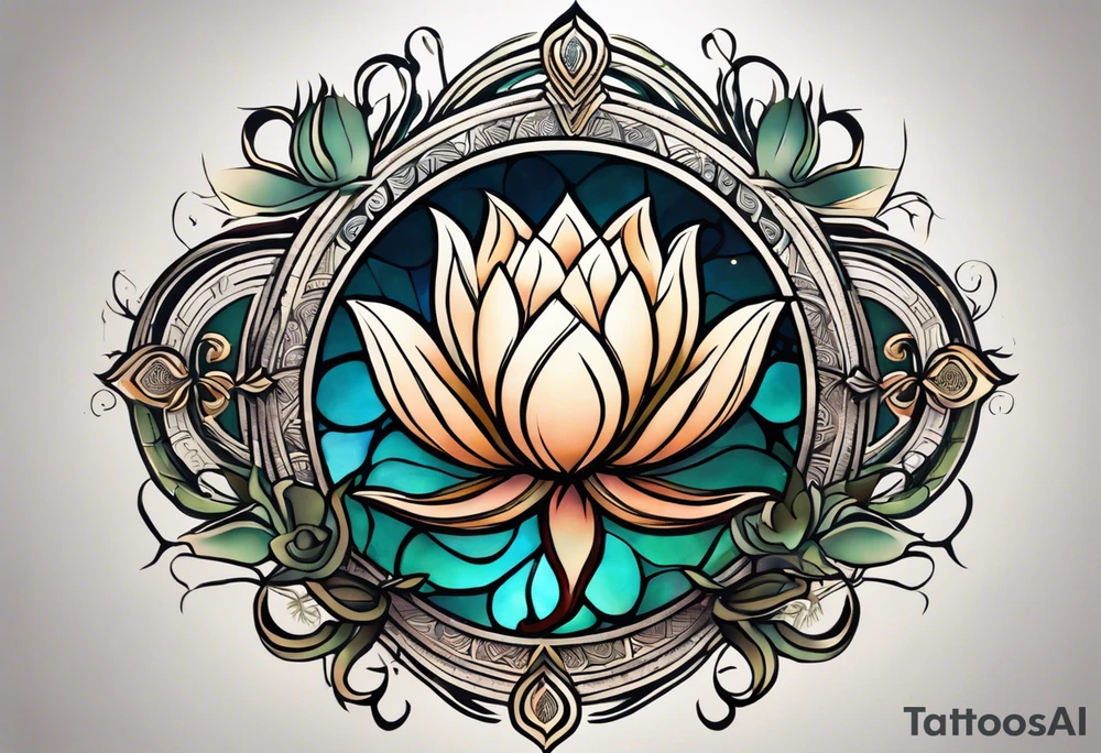 Make a strong and abstract looking combination of a  lotus flower, stone, a science helix and a Greek delta that will take up the upper left portion of my back. you will see within the lotus’s leaves should a rocky area to symbolize strength, a helix to symbolize resiliency and a Greek delta to symbolize transformation. The tattoo should overall represent resiliency and strength and present a strong, firm foundation that displays strength in the face of trauma. Make sure to also be able to identify the rock, the helix and the delta symbol tattoo idea