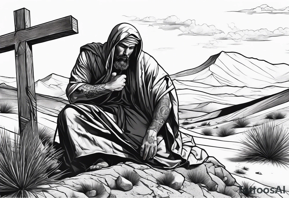 man crawling in a desert reaching to the cross of Christ tattoo idea