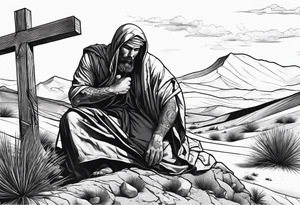 man crawling in a desert reaching to the cross of Christ tattoo idea