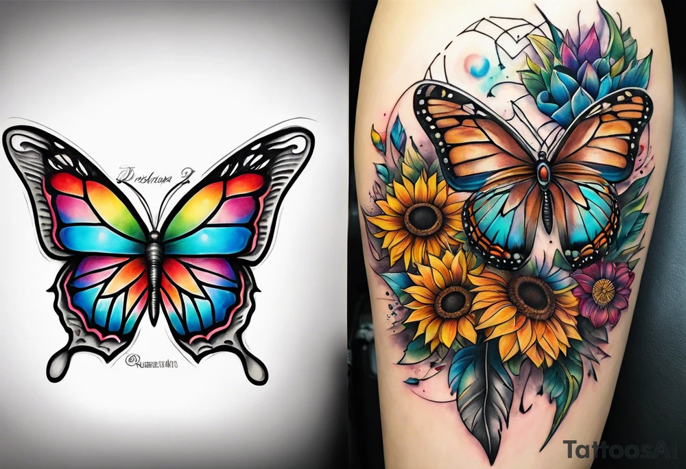 Quarter Leg sleeve with dreamcatcher, rainbow sunflowers and one butterfly tattoo idea
