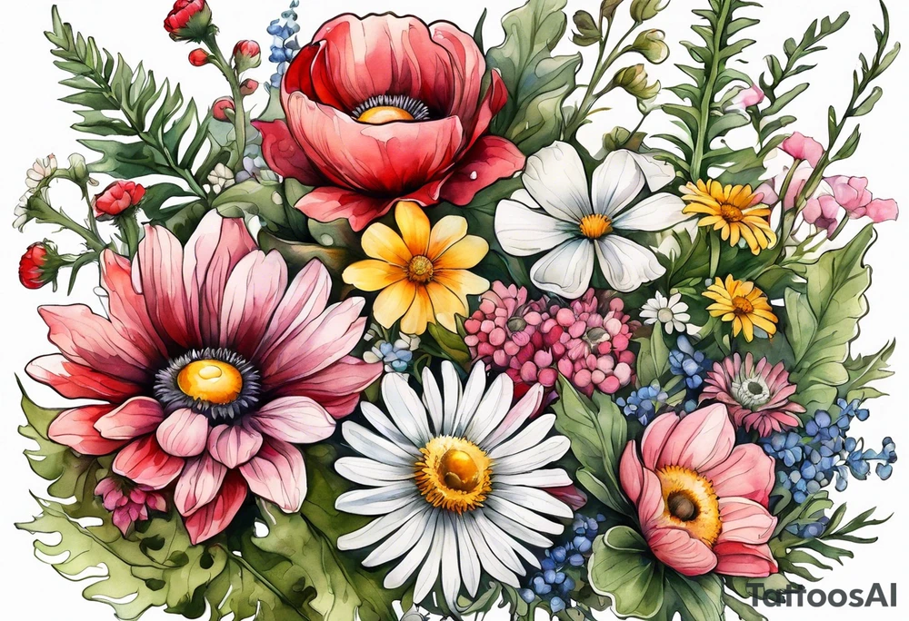 wildflowers cascading with thistles, ferns, white anemones, sun flowers, buttercups, pink flowers, red flowers, babys breath and daisies all in watercolor tattoo idea