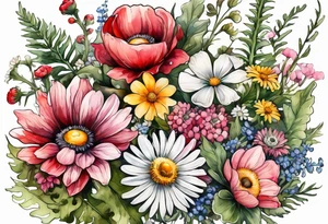 wildflowers cascading with thistles, ferns, white anemones, sun flowers, buttercups, pink flowers, red flowers, babys breath and daisies all in watercolor tattoo idea