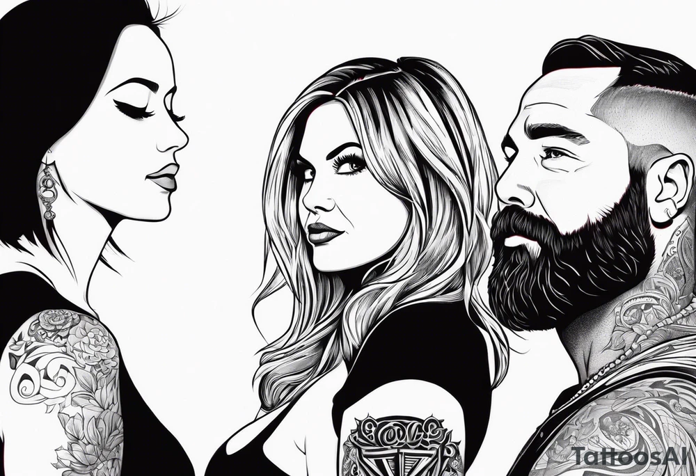 Busty red haired woman with a bearded man who has black hair tattoo idea
