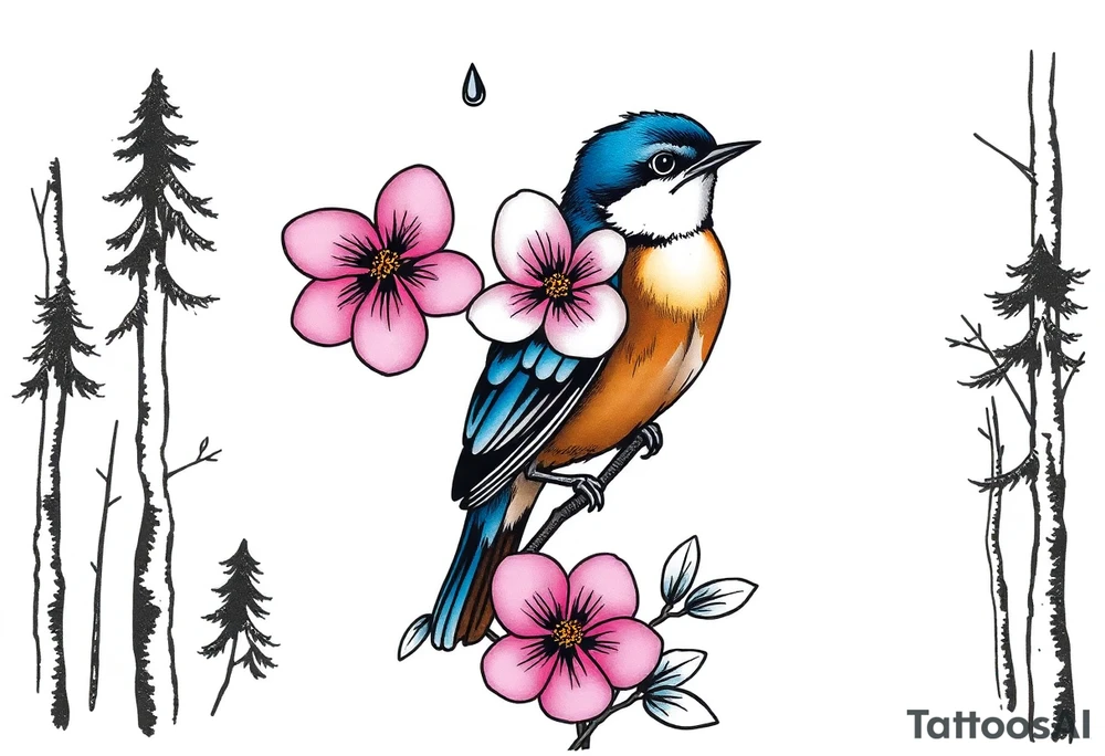 forest trees background
blue rain drops
pink camelia flower
blue and brown wren bird tattoo idea