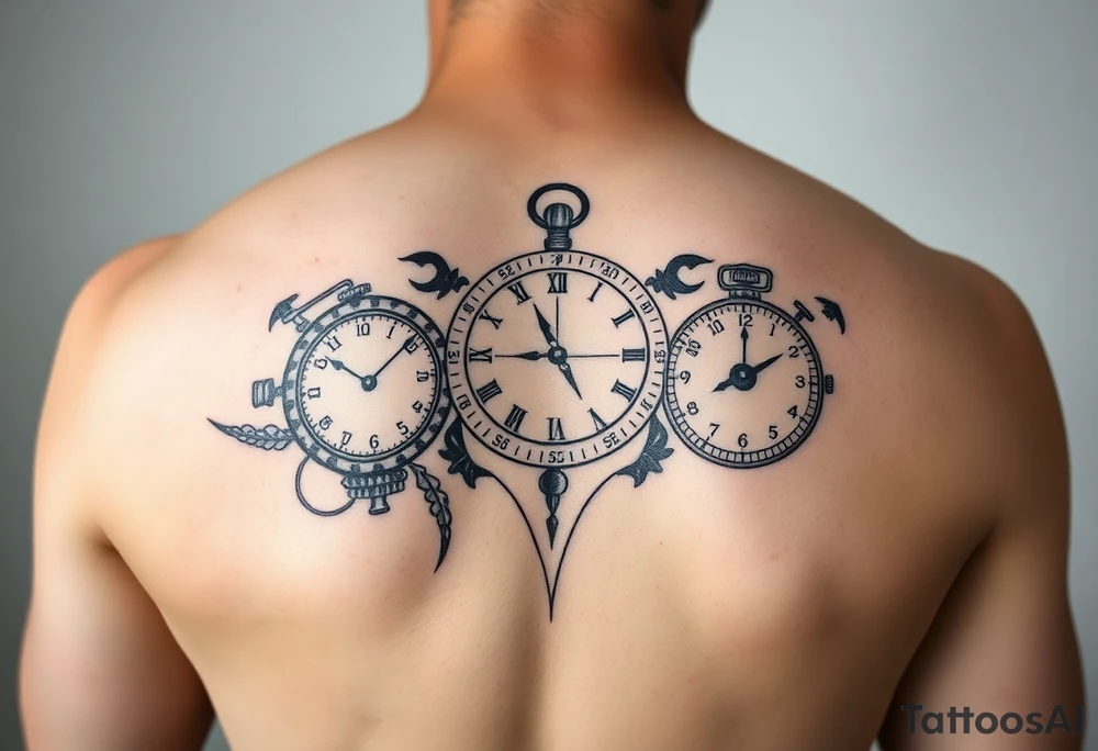A tattoo with a sundial, stopwatch, analog, and digital clock fore forearm tattoo idea