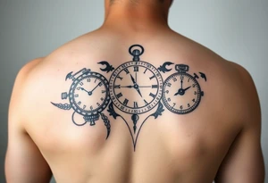 A tattoo with a sundial, stopwatch, analog, and digital clock fore forearm tattoo idea