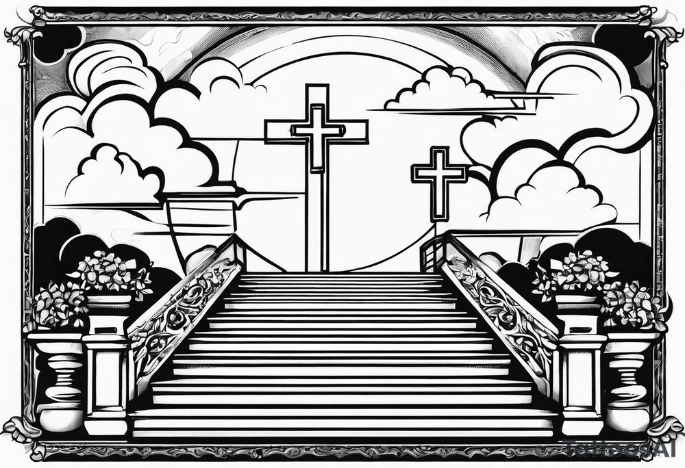 A heavenly stairway to heaven with clouds with a cross with a cross necklace with biblical verses tattoo idea
