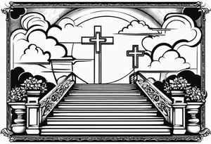 A heavenly stairway to heaven with clouds with a cross with a cross necklace with biblical verses tattoo idea