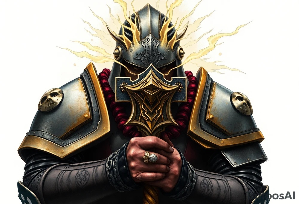 Warhammer, the Old World. A warrior priest of Sigmar holding The Warhammer of Sigmar. The Warhammer of Sigmar is radiating thunderous energy. The Warhammer is held by the warrior priest with both hands at the shaft with a firm grip, upon his chest level. The Warrior priest is wearing dark alloyed heavy armour (reference armor from warhammer vermintide 2 Victor Saltzpyres, the warrior priest of Sigmar class) with skull sigils on his shoulder pads. The warrior priest is wearing a helmet, while the helmets front visor has an humanoid metal face covering. The helmet and armour are gladened with hints of gold and crimson red. The Warhammer is silverish and golden with a long shaft with twisted carvings. tattoo idea
