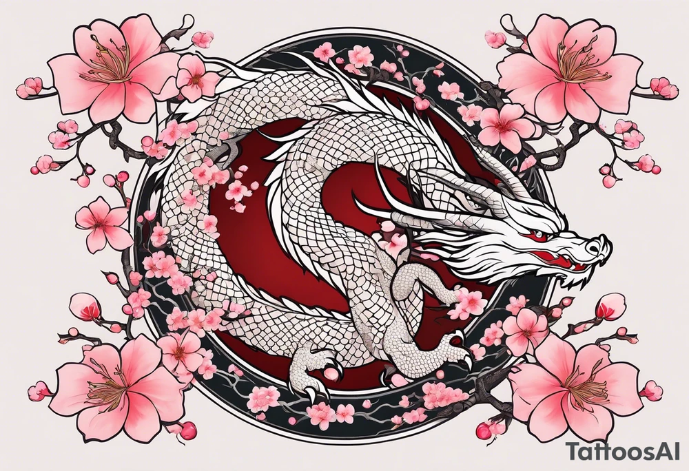 Delicate feminine simple dragon intertwined in cherry blossom, soft lines, soft dragon, pleasant dragon, beautiful cherry blossom tattoo idea