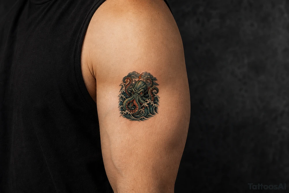 A powerful kraken-like water demon, tentacles emerging from stormy waves. tattoo idea
