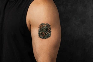 A powerful kraken-like water demon, tentacles emerging from stormy waves. tattoo idea