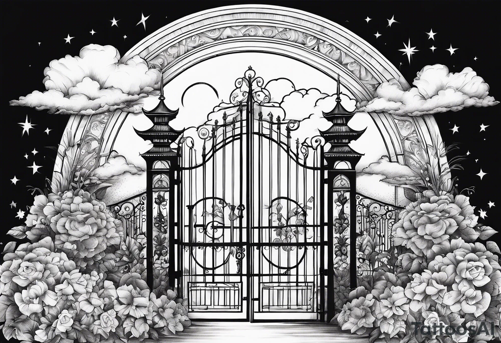 heaven town with gate
in circle vignette surrounded by clouds flowers stars tattoo idea