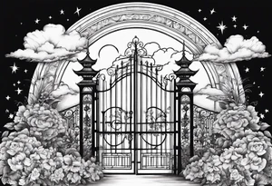 heaven town with gate
 in circle vignette surrounded by clouds flowers stars tattoo idea