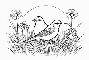 Little bird outline sitting in a field of grass and daisys tattoo idea