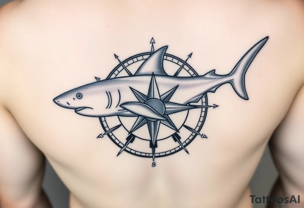 "A top-down view of a shark seamlessly integrated with a compass rose. The shark is seen clearly from above, swimming across or around the compass, with its fins and tail visible in perfect symmetry. The compass features detailed directional lines and ornate engravings, blending naturally with the shark's form. Done in black and grey ink, the style is realistic with subtle dotwork and shading for depth. The design is minimal yet powerful, symbolizing direction, strength, and instinct. Perfect for a shoulder, chest, or forearm tattoo." tattoo idea
