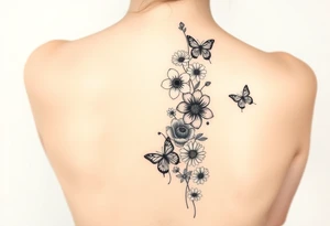 Simple Delphinium, violet, narcissus, rose, daisy bouquet vertically down the spine not connected with butterflies tattoo idea