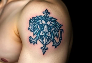 A medieval-style Czech lion emblem, with silver armor details and subtle red and blue highlights. tattoo idea