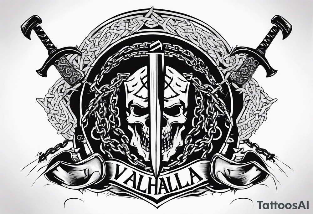 Valhalla sword shield axe barbed wire chains dark cloud tattoo idea