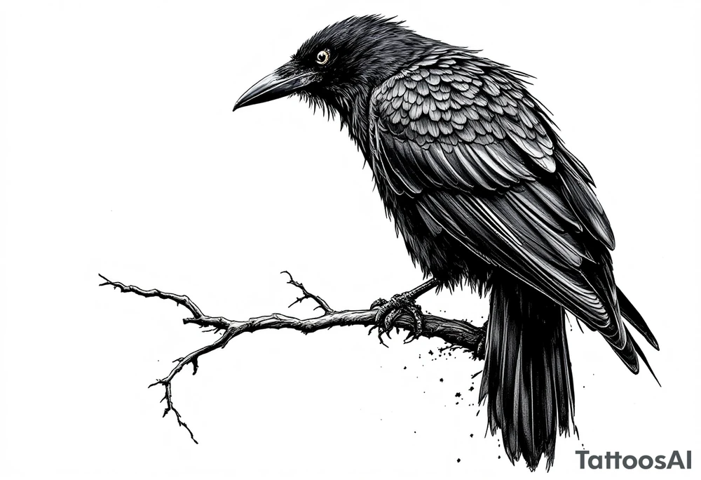 Black Raven on a branch looking over its shoulder tattoo idea