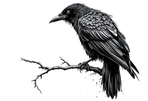 Black Raven on a branch looking over its shoulder tattoo idea
