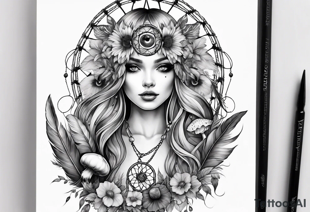 A fairies with mushrooms and eyeballs in a dreamcatcher with feathers tattoo idea