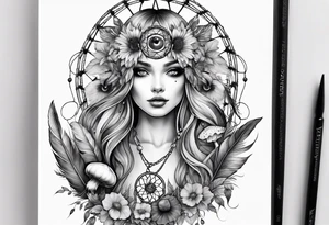 A fairies with mushrooms and eyeballs in a dreamcatcher with feathers tattoo idea