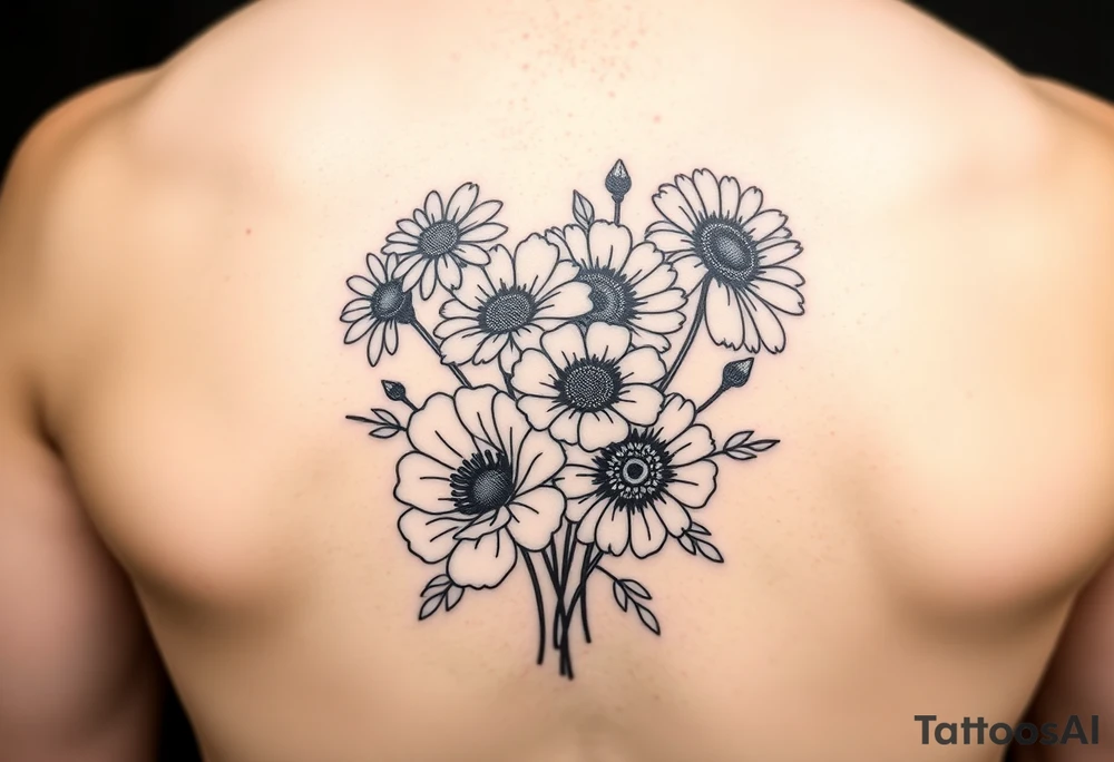 Simple minimalist cartoon 
line tattoo of flower bouquet in order of these flowers, daisy, cosmo, poppy, chrysanthemum, cosmo tattoo idea