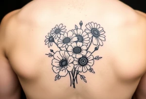 Simple minimalist cartoon 
line tattoo of flower bouquet in order of these flowers, daisy, cosmo, poppy, chrysanthemum, cosmo tattoo idea