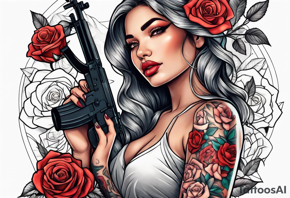 Beautiful woman angle holding a AK 47 surrounded by roses tattoo idea