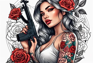 Beautiful woman angle holding a AK 47 surrounded by roses tattoo idea