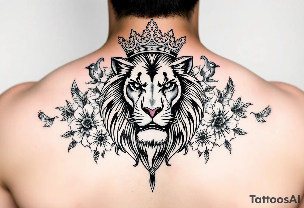 powerful majestic lion with a crown, surrounded by floral ornaments and birds tattoo idea