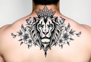 powerful majestic lion with a crown, surrounded by floral ornaments and birds tattoo idea