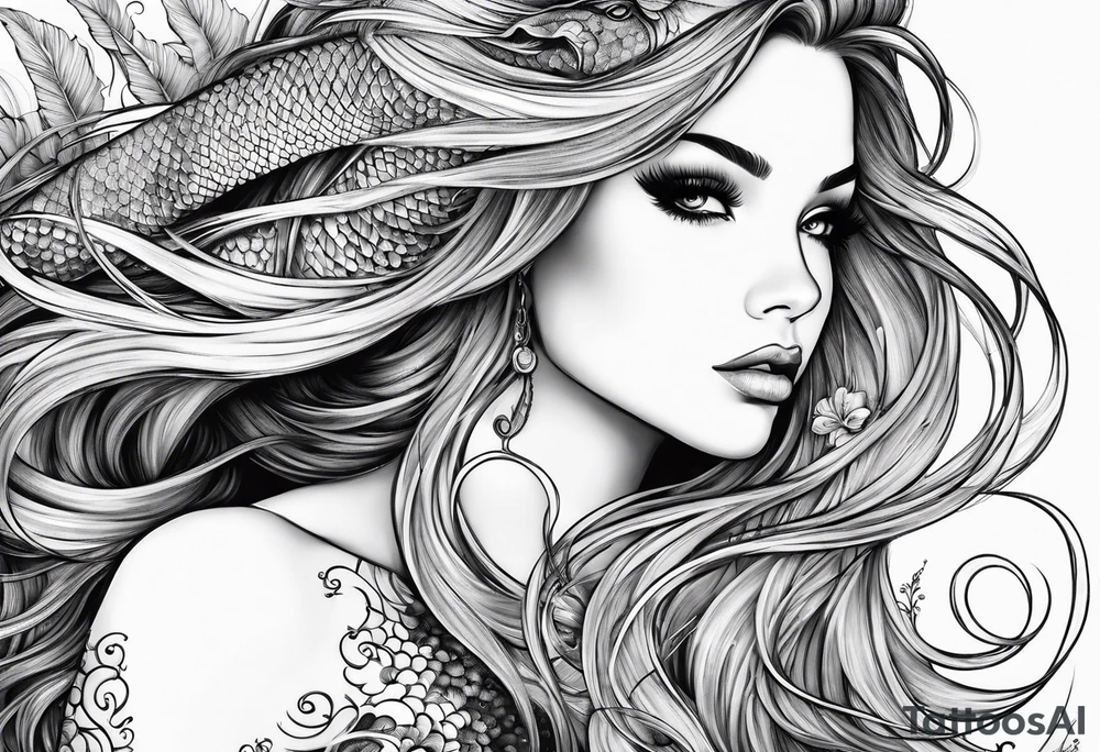 mystical sultery
 mermaid with long 
flowing tail and hair, tattoo sleeve tattoo idea