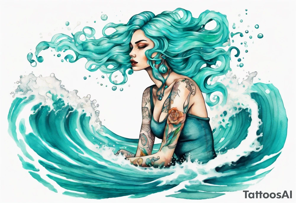 a tall woman made of water with turquoise hair sitting upon a wave tattoo idea