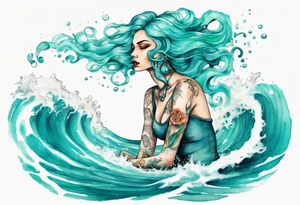 a tall woman made of water with turquoise hair sitting upon a wave tattoo idea