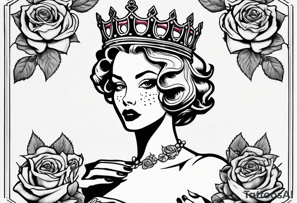 pin-up queen of hearts with a crown, immersed in rose flowers tattoo idea
