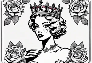 pin-up queen of hearts with a crown, immersed in rose flowers tattoo idea