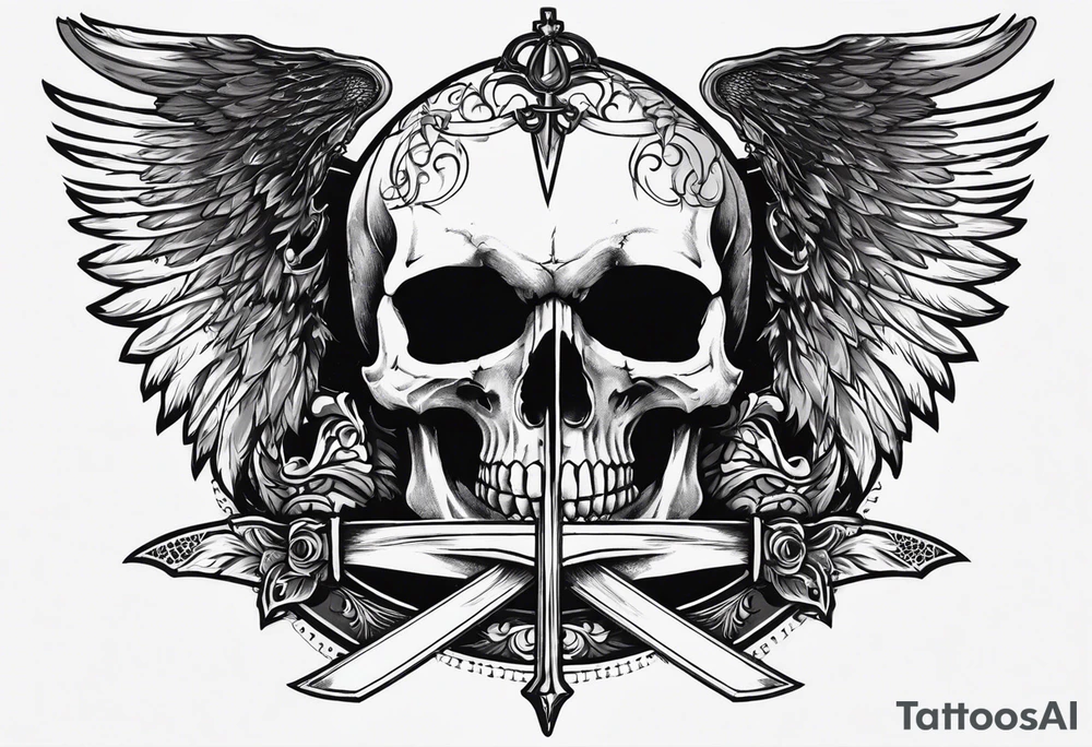 In the center is a half skull pierced by a large sword. On either side of the skull, there are spread angel wings, creating an impression of protection and majesty. Beneath the skull is a ribbon that weaves through both the skull and the sword tattoo idea