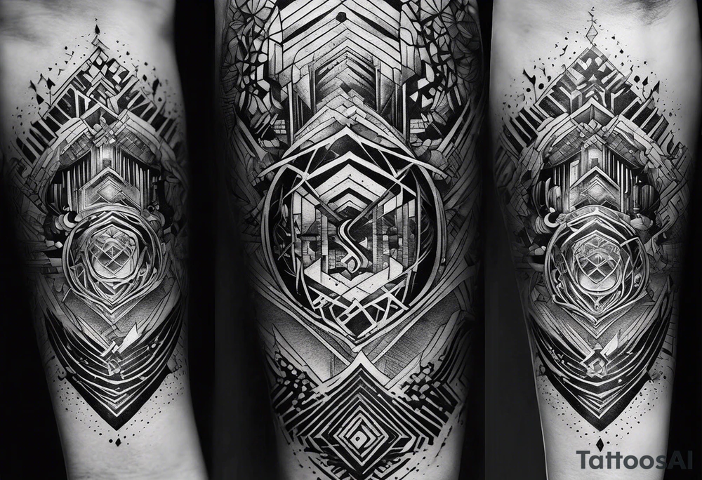 A forearm tattoo about electronic music mixed with the water of the ocean, focus on geometric patterns, abstract tattoo idea