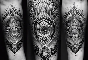 A forearm tattoo about electronic music mixed with the water of the ocean, focus on geometric patterns, abstract tattoo idea
