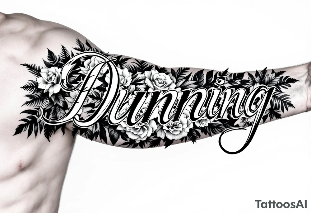 Dunning, cursive slick font,with big jungle leaves, roses,palm trees, tattoo idea