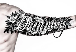 Dunning, cursive slick font,with big jungle leaves, roses,palm trees, tattoo idea