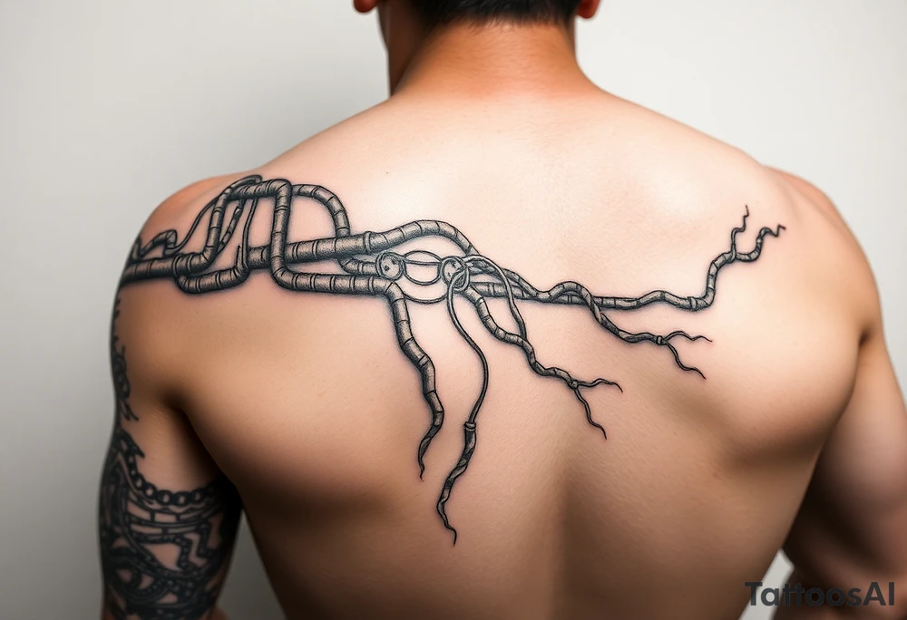 long System of pipes that transitions into veins of forearm tattoo idea