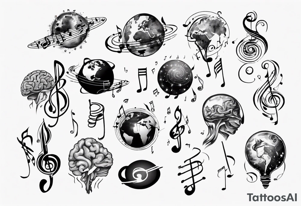 Music notes roaming around a brain shaped planet tattoo idea