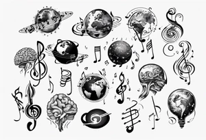 Music notes roaming around a brain shaped planet tattoo idea