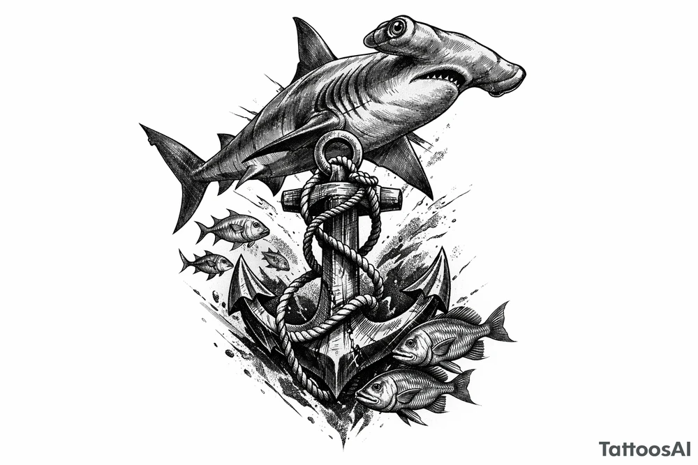 a hammerhead-shark, under it an anchor,fishes. tattoo idea