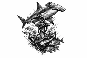 a hammerhead-shark, under it an anchor,fishes. tattoo idea